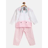 Kids Clan Unicorn Patch White And Baby Pink Polka Sleepwear Shirt And Pyjama (set Of 2)