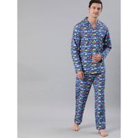 The Bear House Men Blue Printed Pure Cotton Night Suit