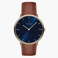 Nordgreen Native 36mm Unisex Watch, Gold Navy Dial with Brown Leather Watch Strap