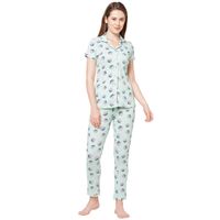 Sweet Dreams Women Printed Lapel Collar Short Sleeves Cotton Front Open Top & Pyjama Set