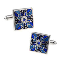Peora 316L Classic Blue Flower Pattern Square Cufflinks For Business Corporate Wedding Gift (PX9CL76)