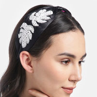 Blueberry White Squins And Beads Embellished Black Satin Knot Hair Band