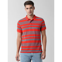 Peter England Casuals Red Half Sleeves Stripes Printed Polo T-Shirt