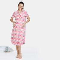 Zivame Maternity Knit Cotton Mid Length Nightdress - Pink Icing