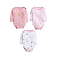 Bumzee Light Pink and White Full Sleeves Baby Girls Bodysuit Onesies (Pack of 3)