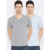 Okane Mens Light Sky Grey White Cotton Solid V-neck T-shirt (pack Of 2)