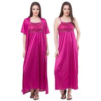 Fasense Women Satin Nightwear 2 PCs Set Of Nighty & Wrap Gown - Pink