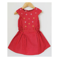 Woonie Girls Embroidered Rust Denim Frock - Red