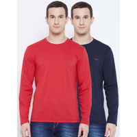 Okane Mens Red navy Blue Polyester Cotton Solid Round Neck T-shirt (pack Of 2)