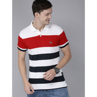THE BEAR HOUSE Men White Red Striped Polo Collar Slim Fit T-shirt