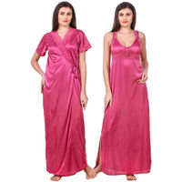 Fasense Women Satin Coral Pink Nightwear 2 Pc Set of Nighty & Wrap