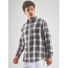 HIGHLANDER Men Oversized Fit Checked Spread Collar Cotton Charcoal Shirt