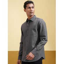 HIGHLANDER Men Spread Collar Textured Cotton Casual Charcoal Shirt