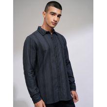 HIGHLANDER Men Dobby Striped Checked Casual Charcoal Shirt