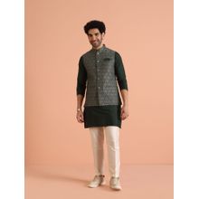 KISAH Men Green Woven Design Floral Kurta with Pant and Nehru Jacket (Set of 3)