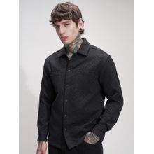 HIGHLANDER Men Black Solid Quilted Jacquard Textured Relaxed Shirt