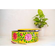 Vintage Vistha Yellow Floral Kashmiri Handpainted Stainless Steel Masala Dabba