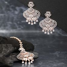 Priyaasi Rose Gold-Plated American Diamond Studded Floral inspired MaangTikka And Earrings Set