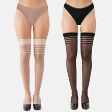 NEXT2SKIN Women's Sheer Thigh High Transparent Stockings Pack of 2 (Skin & Black)