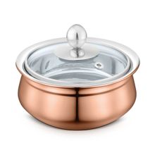 FNS Relish Stainless Steel Copper Finish Double wall Handi with Glass Lid - 300ml (Small)