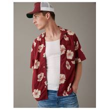 American Eagle Men Red Tropical Button-Up Poolside Shirt