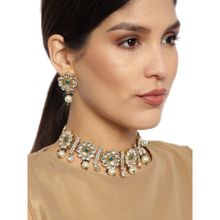 Zaveri Pearls Antique Gold Tone Floral Design Green Choker Necklace & Earring Set - ZPFK9364
