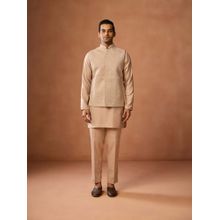 KISAH Men Beige Silk Blend Kurta & Embroidered Jacket With Subtle Sequins And Matching Trouser