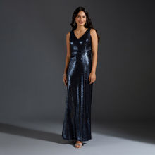 Twenty Dresses by Nykaa Fashion Navy Blue Sequined V Neck Sheath Maxi Dress