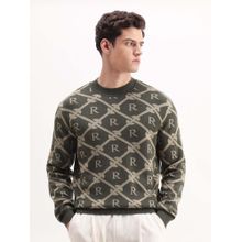 Rare Rabbit Mens Post Dark Olive Acrylic Fabric Full Sleeve Printed Sweater