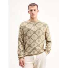 Rare Rabbit Mens Post Beige Acrylic Fabric Full Sleeve Printed Sweater