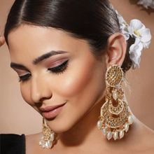 Priyaasi White Floral Kundan Pearl Beads Gold-Plated Chandbali Drop Earrings