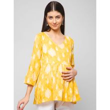 Zelena Rayon 3/4th Sleeves Printed Maternity/breastfeeding Short Kurti - Yellow