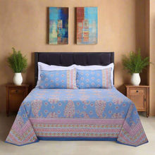 Shahenaz Jazmine Ethnic Blue Cotton Bedsheet with 2 Pillow Covers (King)
