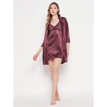 Clovia Satin Solid Short Babydoll Dress & Robe (Set of 2)