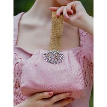 Odette Pink Embellished Clutch Bag With Golden Mesh Handle