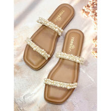 Toprico Two Strap Beads Embroidered Pearly Tan Flat