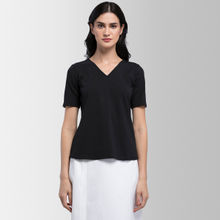 FableStreet Cotton V Neck Knitted T Shirt - Black
