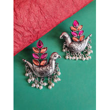 Infuzze Oxidised Silver Toned & Pink Brass-Plated Stone-Studded Classic Drop Earrings