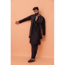 KISAH Men Black Printed Kurta with Jacket & Churidar (Set of 3)