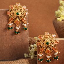 Voylla Abharan Pink and Green Stones Floral Drop Earrings