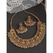 OOMPH Antique Gold Tone Red & Green Stones Laxmi Necklace Set with Drop Earrings