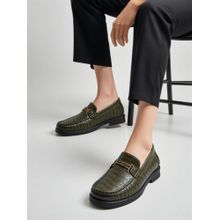 Styli Men Animal Textured Metal Detailed Slip On Loafers - Olive
