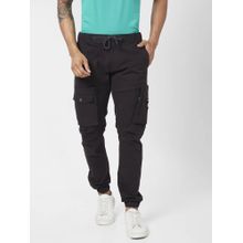 Spykar Men Black Cotton Joggers Fit Ankle Length Mid Rise Cargo Pant