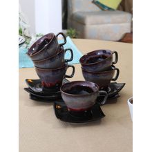 MIAH Decor Crimson Red & Black Hand Glazed Studio Pottery Ceramic Tea Cups & Saucers Set (set Of 6)