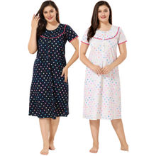 PIU Navy & White Maternity Cotton Half Sleeves Polka Print Nighties (Pack of 2)