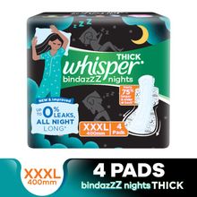 Whisper Bindazzz Night Thick XXXL Sanitary Pads For Upto 0% Leaks - 75% Longer, 4 Heavy Flow Pads