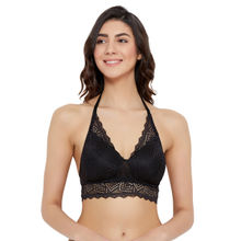 Clovia Lace Solid Padded Full Cup Wire Free Bralette Bra - Black