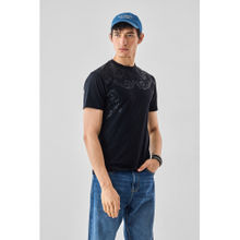Snitch Black Printed Embossed Slim Casual T-Shirt