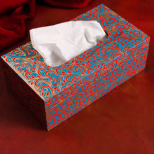 The Pitara Project Tissue Box Wooden Printed Paisley Blue & Gold