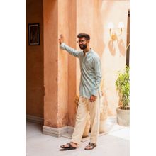 DRAGIT Men Green Linen Blend Solid Kurta with Pant